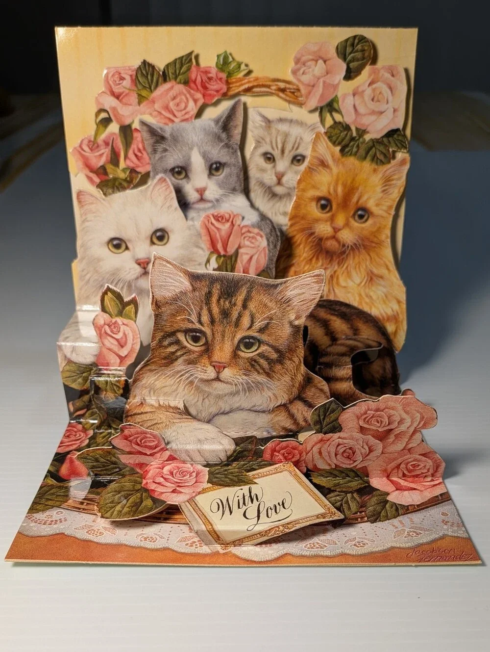 3D Kittens Greeting Card Die Cut Stand Up Roses Cat Decor Vintage Pop Shots